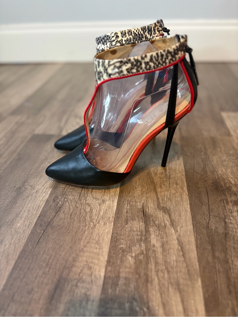L.A.M.B. Serena Pointy Toe T- Strap Stiletto Heels Black And snake print leather